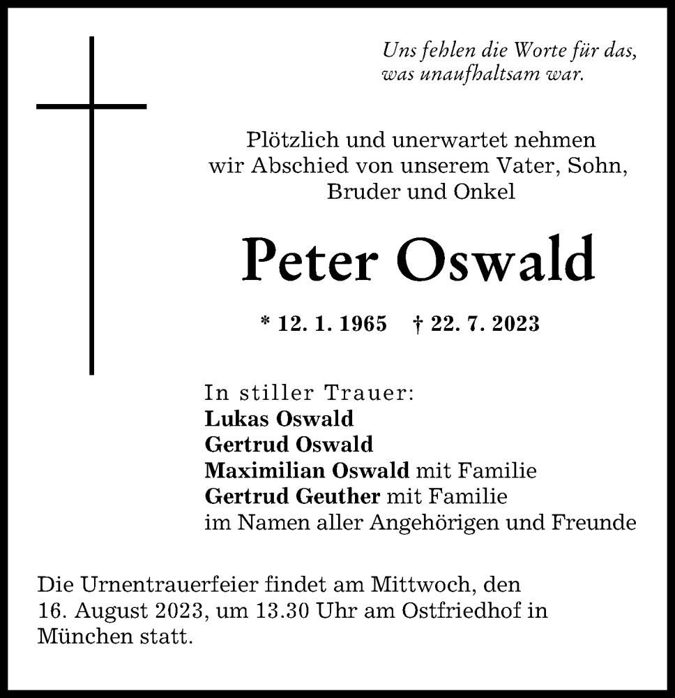 Traueranzeige von Peter Oswald von Landsberger Tagblatt