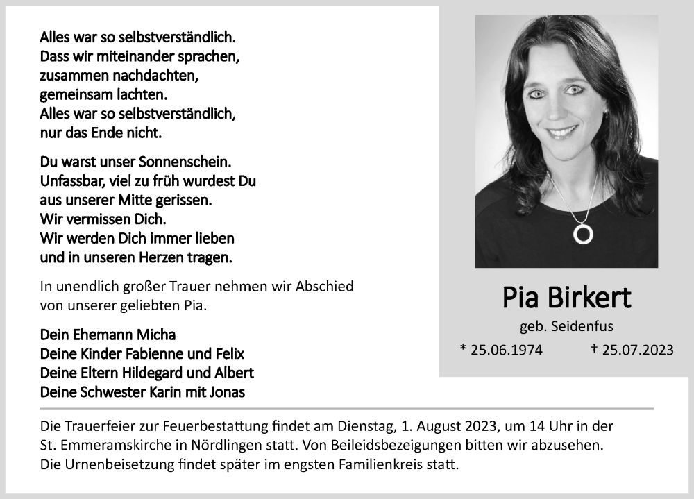  Traueranzeige für Pia Birkert vom 29.07.2023 aus Rieser Nachrichten