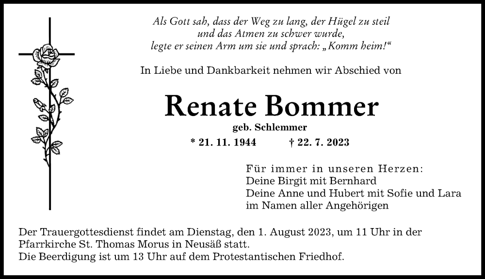  Traueranzeige für Renate Bommer vom 29.07.2023 aus Augsburger Allgemeine