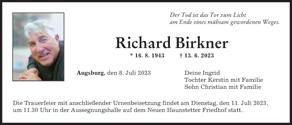 Traueranzeige von Richard Birkner von Augsburger Allgemeine