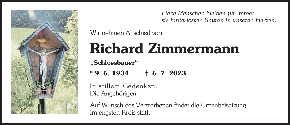 Traueranzeige von Richard Zimmermann von Günzburger Zeitung
