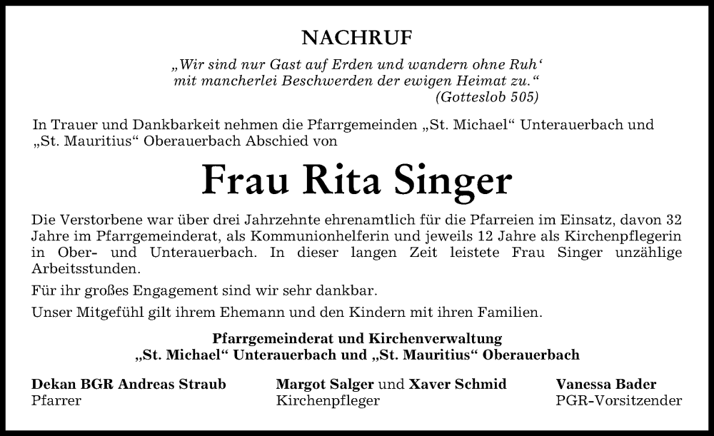 Traueranzeige von Rita Singer von Mindelheimer Zeitung