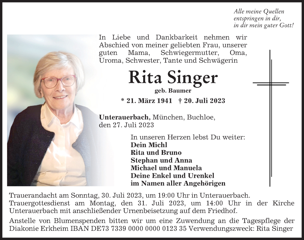 Traueranzeige von Rita Singer von Mindelheimer Zeitung