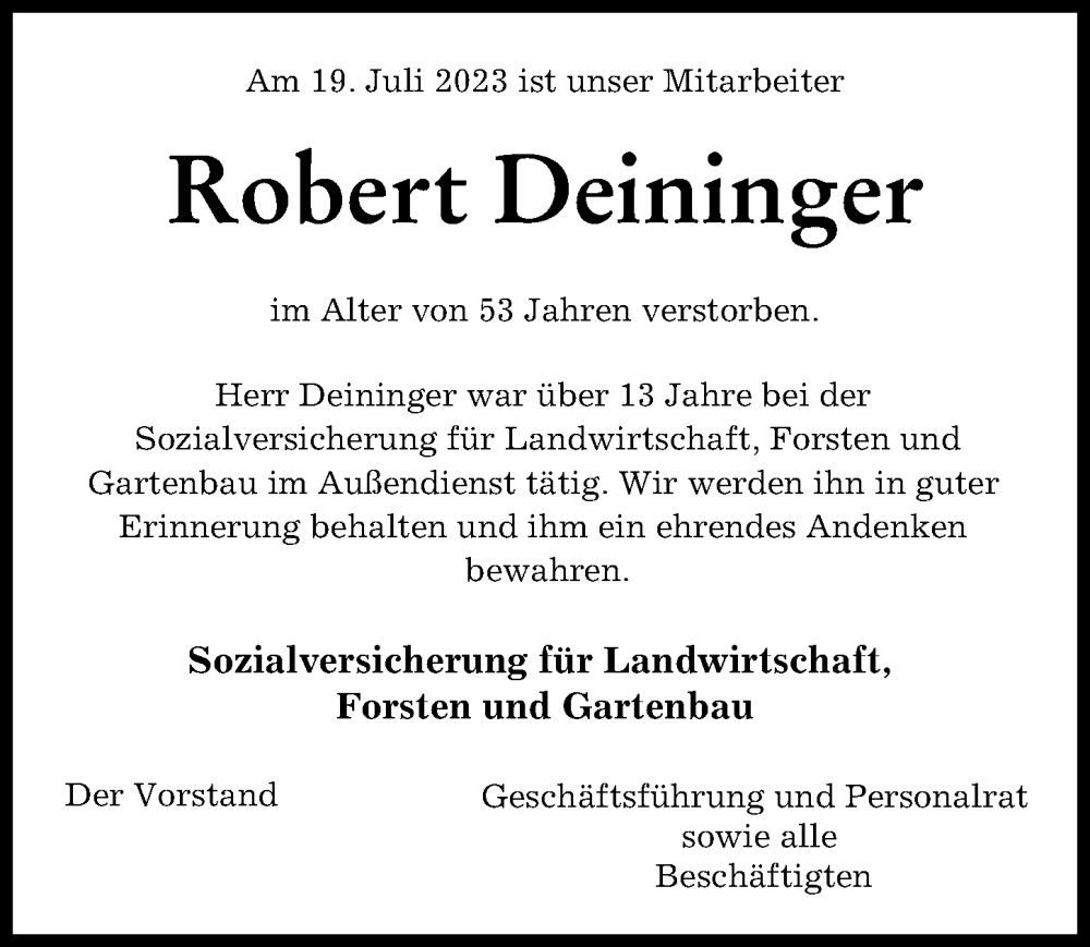 Traueranzeige von Robert Deininger von Günzburger Zeitung