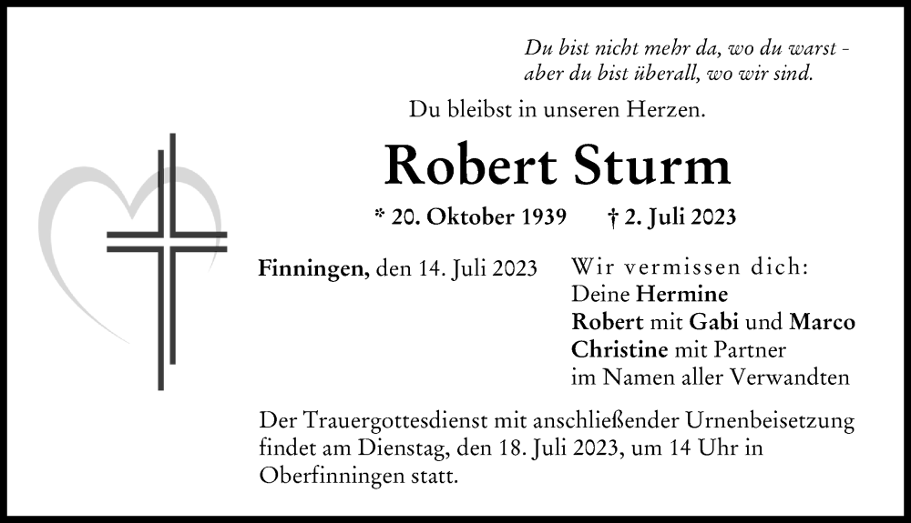 Traueranzeige von Robert Sturm von Donau Zeitung