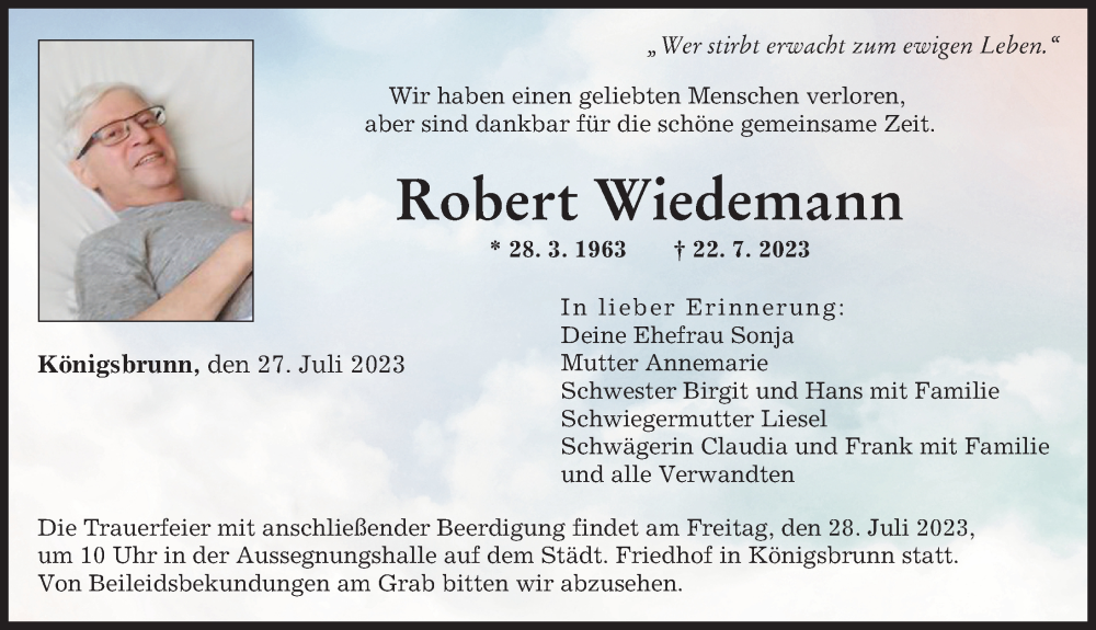 Traueranzeige von Robert Wiedemann von Augsburger Allgemeine