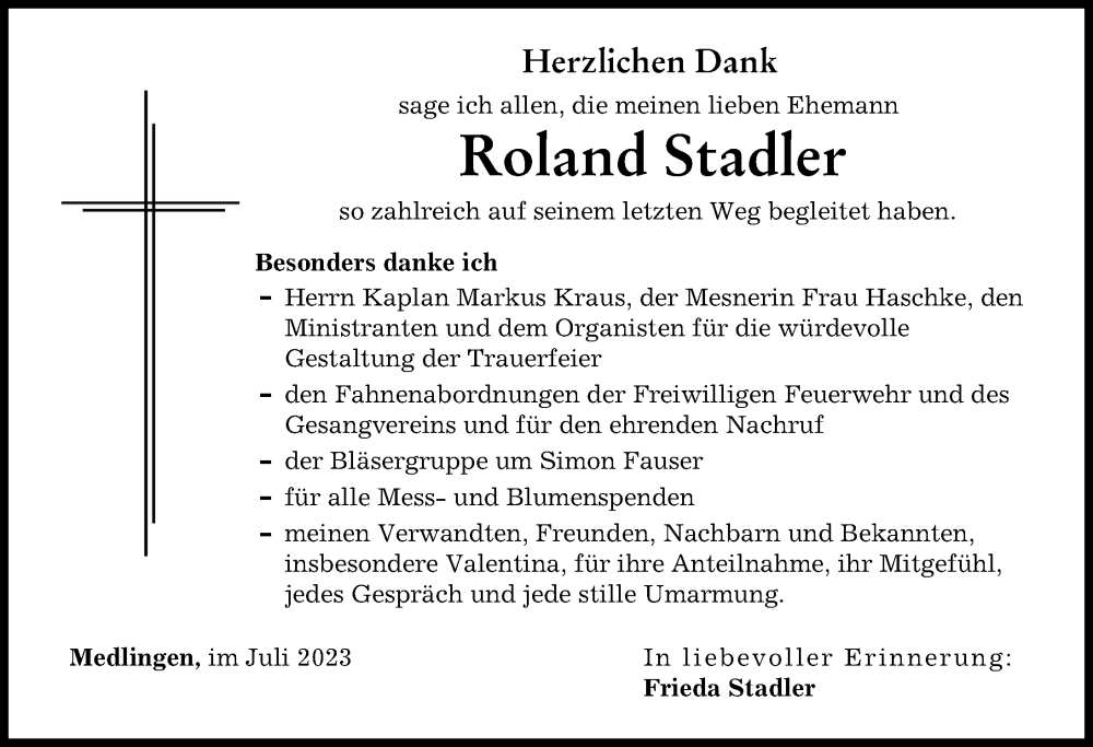  Traueranzeige für Roland Stadler vom 04.07.2023 aus Donau Zeitung