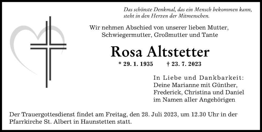 Traueranzeige von Rosa Altstetter von Augsburger Allgemeine