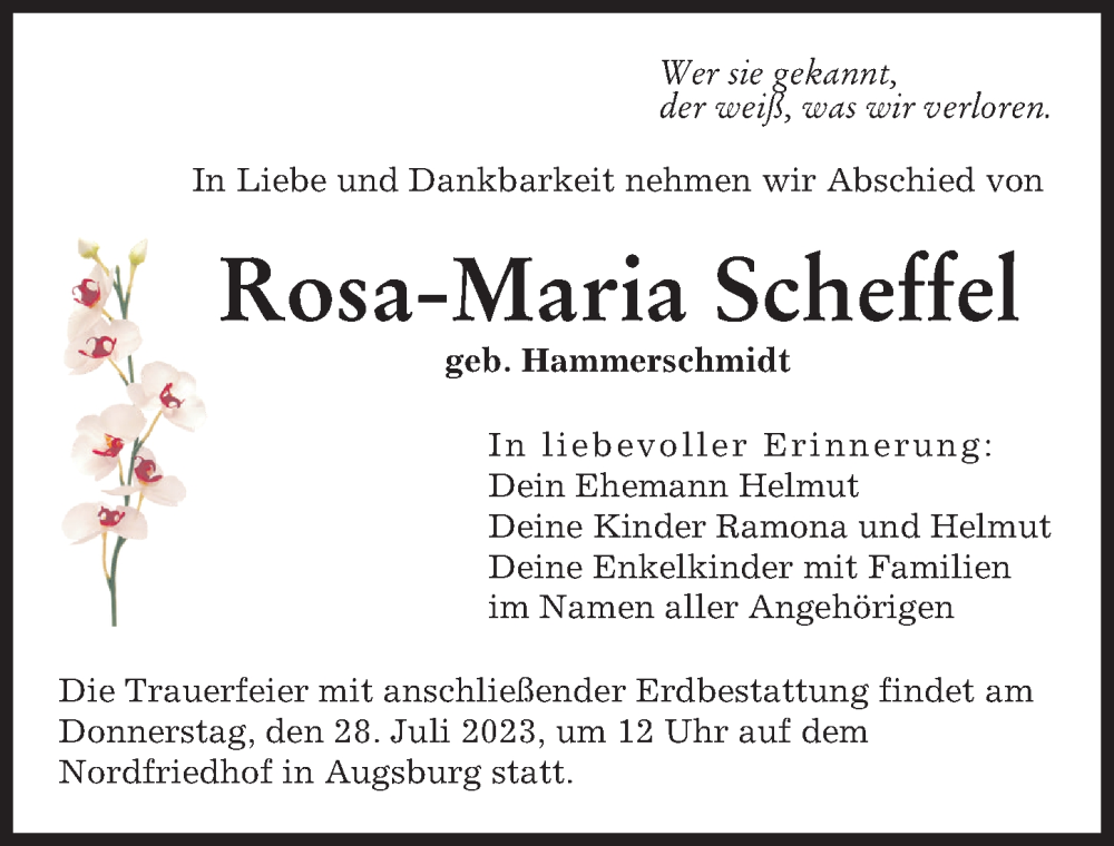 Traueranzeige von Rosa-Maria Scheffel von Augsburger Allgemeine