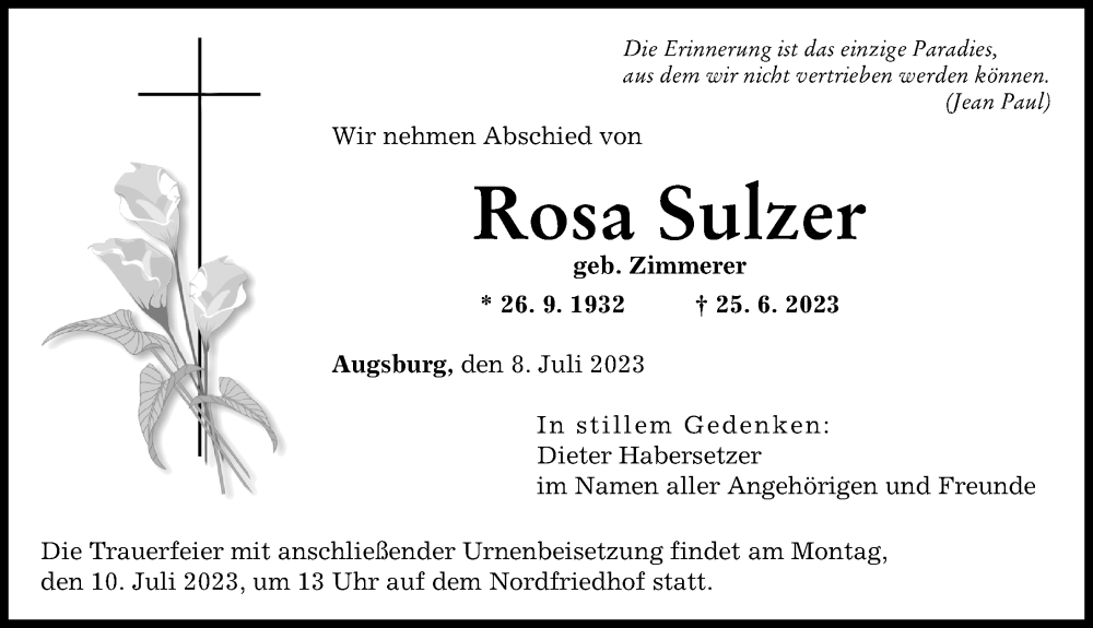 Traueranzeige von Rosa Sulzer von Augsburger Allgemeine