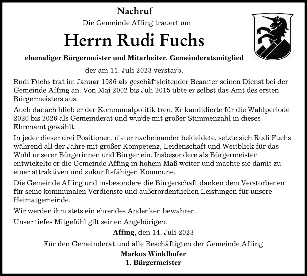 Traueranzeigen Von Rudi Fuchs Augsburger Allgemeine Zeitung