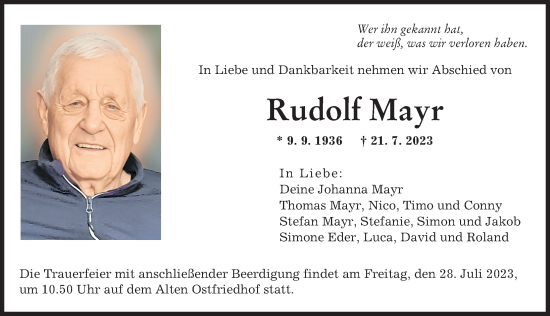 Traueranzeigen Von Rudolf Mayr Augsburger Allgemeine Zeitung