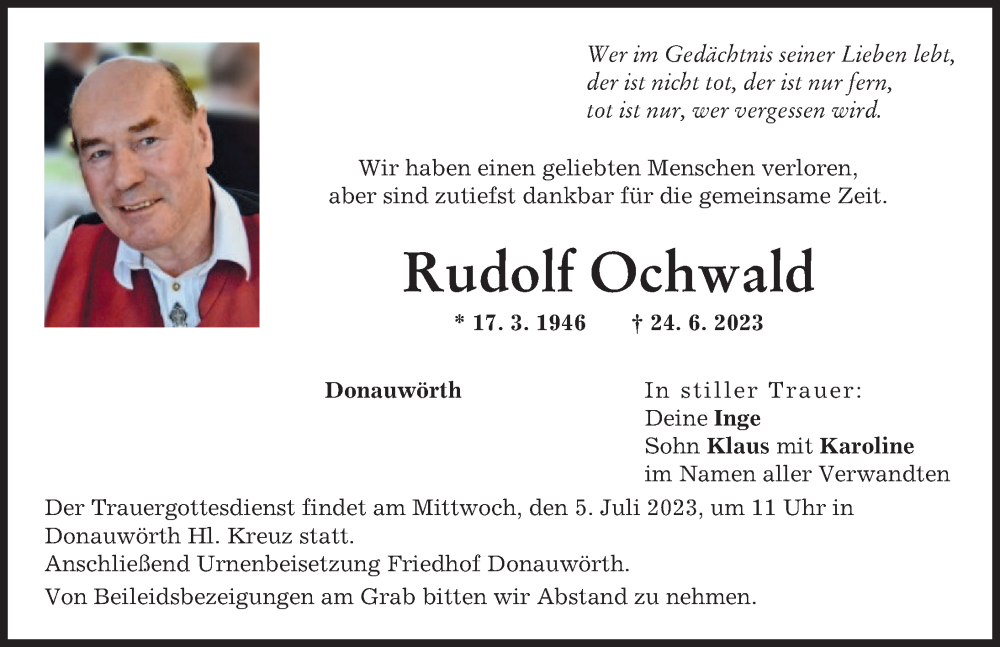 Traueranzeige von Rudolf Ochwald von Donauwörther Zeitung