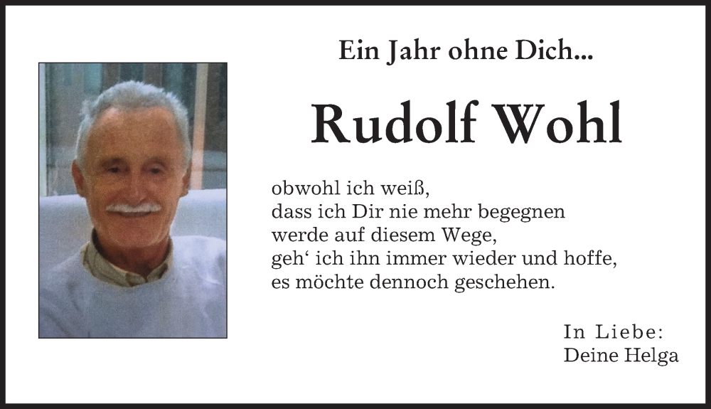 Traueranzeige von Rudolf Wohl von Augsburger Allgemeine