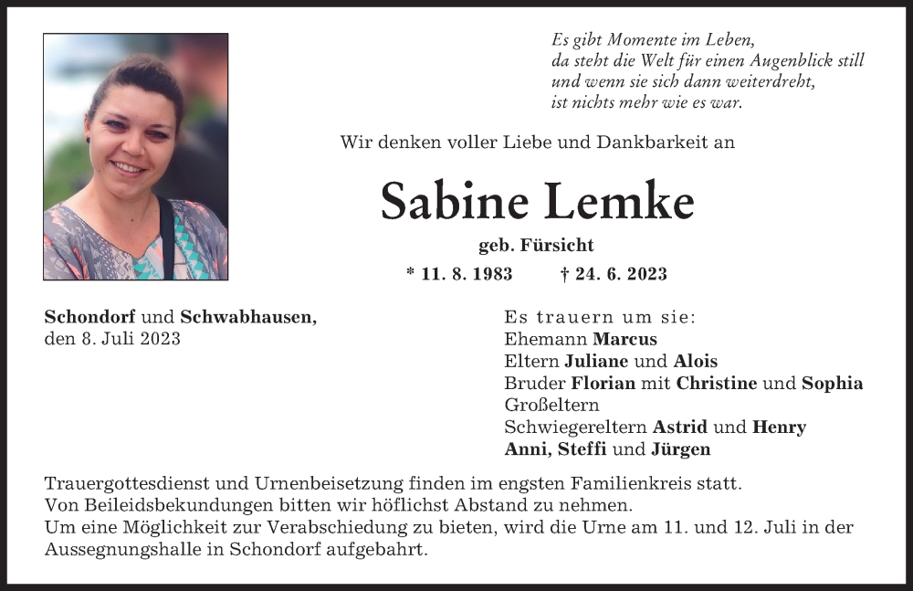 Traueranzeige von Sabine Lemke von Landsberger Tagblatt