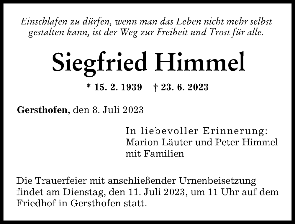 Traueranzeige von Siegfried Himmel von Augsburger Allgemeine