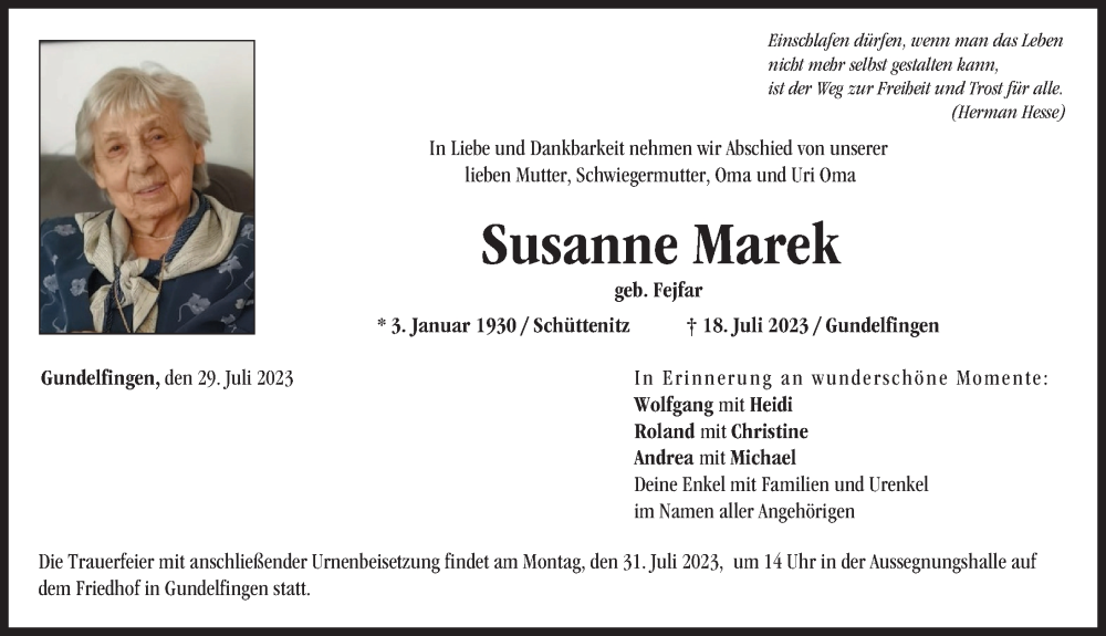 Traueranzeige von Susanne Marek von Donau Zeitung