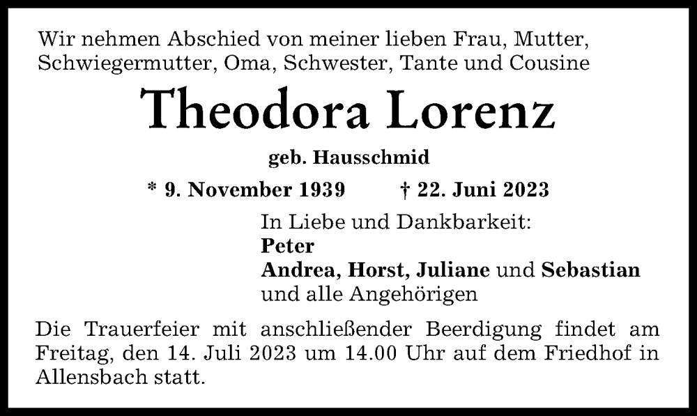 Traueranzeige von Theodora Lorenz von Mindelheimer Zeitung