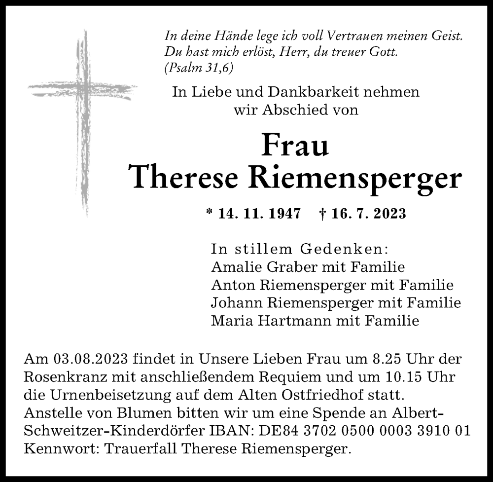 Traueranzeige von Therese Riemensperger von Augsburger Allgemeine