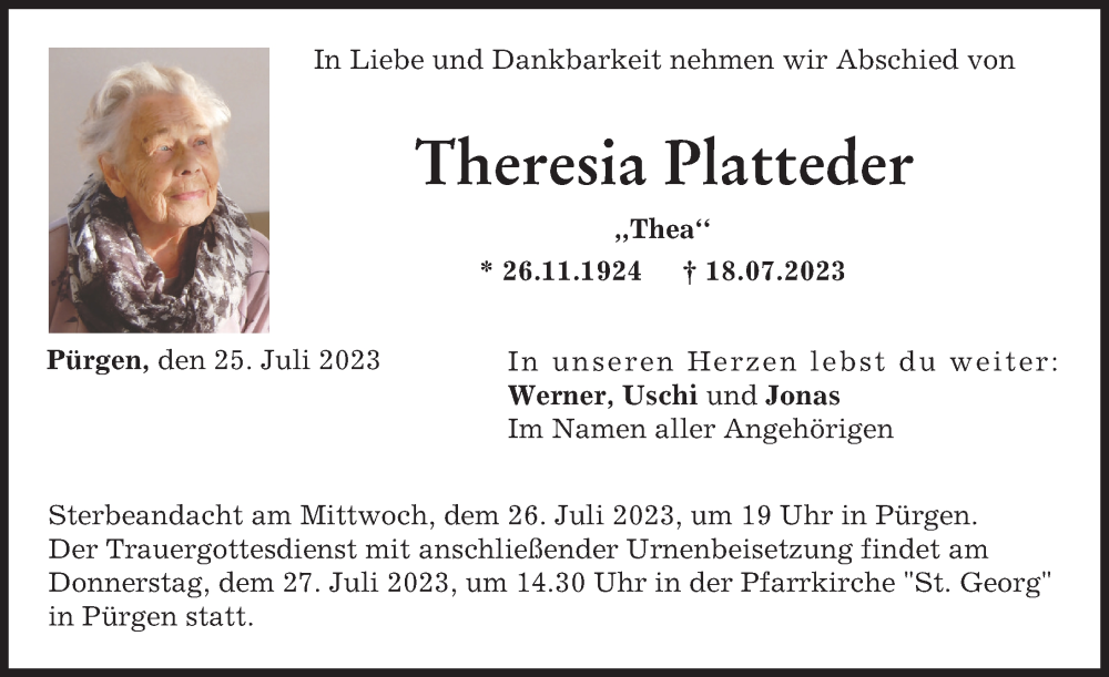 Traueranzeige von Theresia Platteder von Landsberger Tagblatt