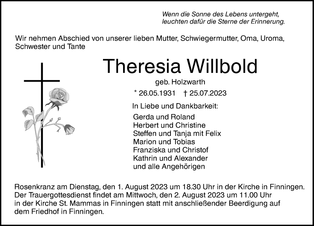 Traueranzeige von Theresia Willbold von Augsburger Allgemeine, Neu-Ulmer Zeitung