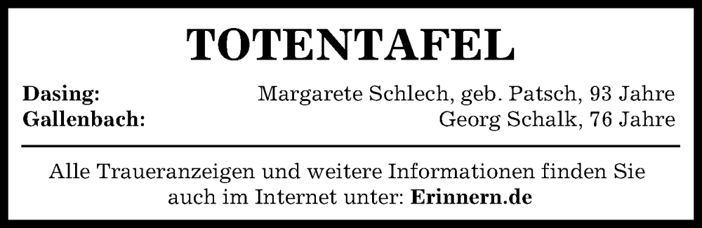 Traueranzeige von Totentafel vom 08.07.2023 von Aichacher Nachrichten