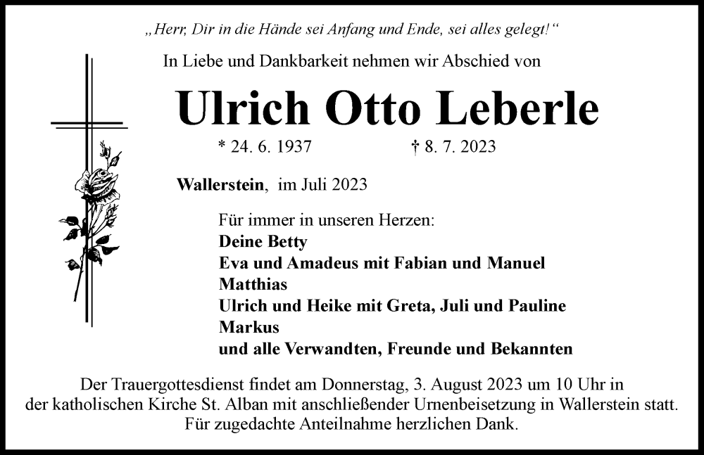 Traueranzeige von Ulrich Otto Leberle von Rieser Nachrichten