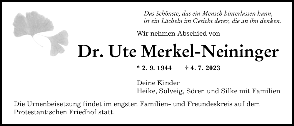 Traueranzeige von Ute Merkel-Neininger von Augsburger Allgemeine