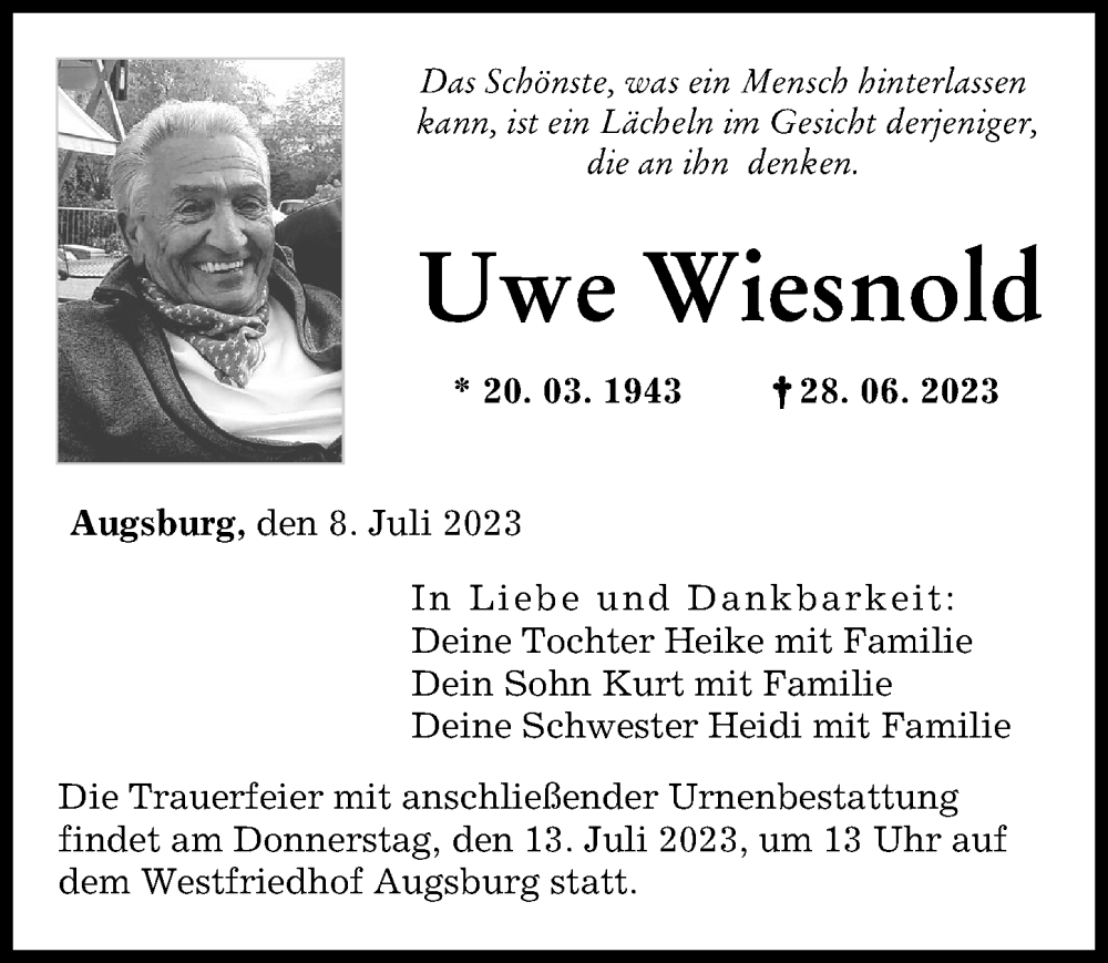 Traueranzeige von Uwe Wiesnold von Augsburger Allgemeine