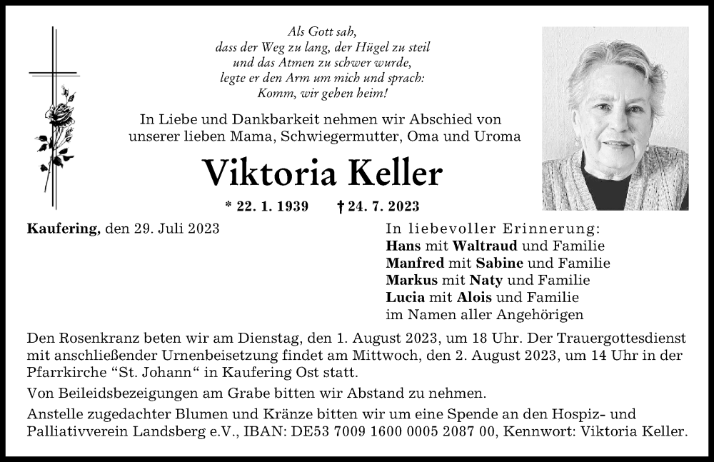 Traueranzeige von Viktoria Keller von Landsberger Tagblatt