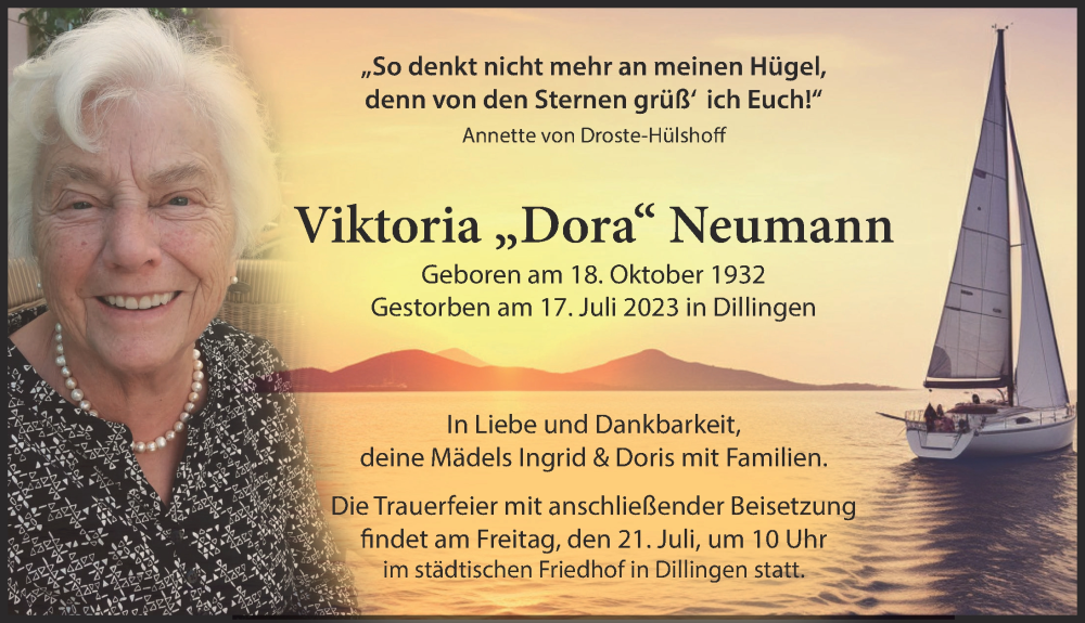 Traueranzeige von Viktoria Neumann von Donau Zeitung