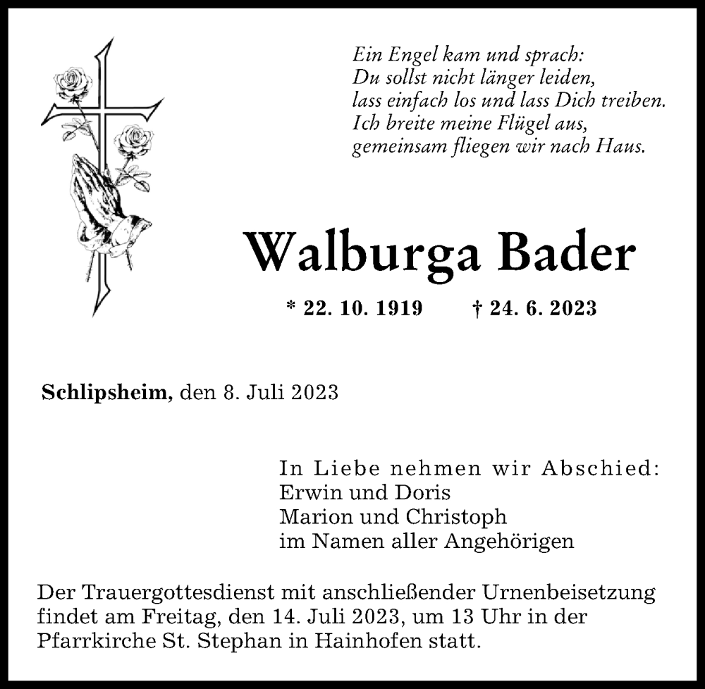 Traueranzeige von Walburga Bader von Augsburger Allgemeine