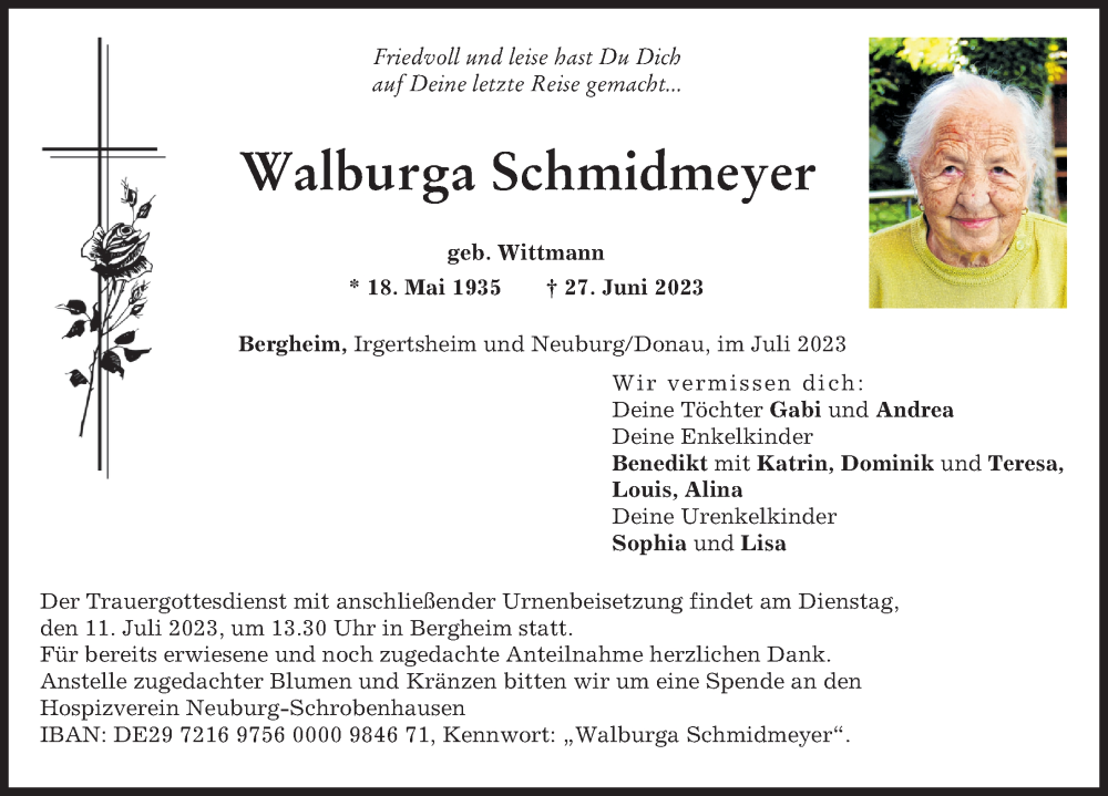 Traueranzeige von Walburga Schmidmeyer von Neuburger Rundschau