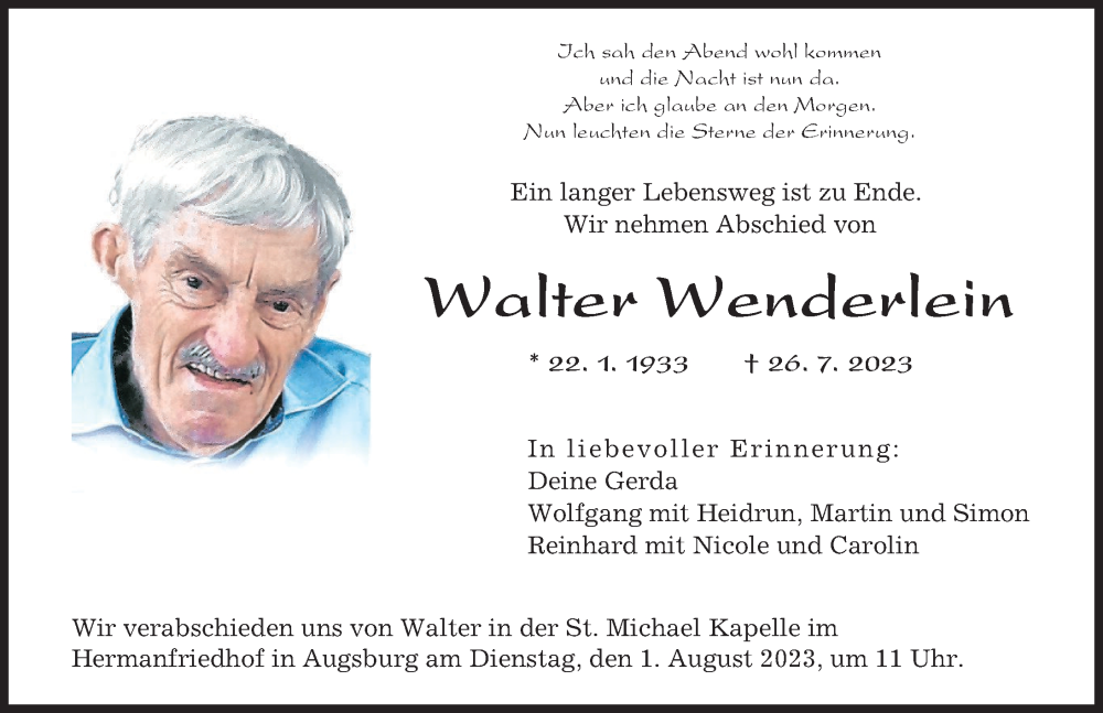 Traueranzeige von Walter Wenderlein von Augsburger Allgemeine