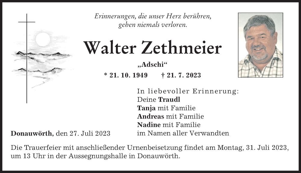 Traueranzeige von Walter Zethmeier von Donauwörther Zeitung