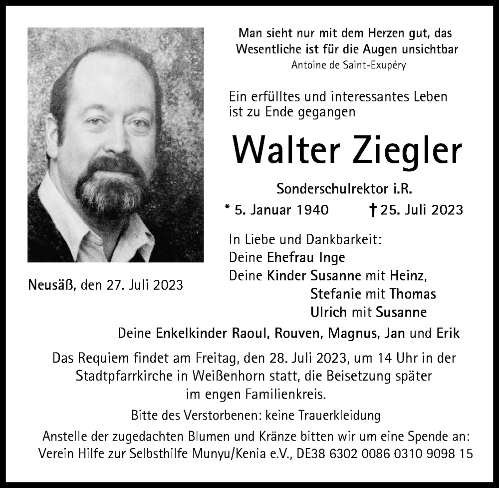  Traueranzeige für Walter Ziegler vom 27.07.2023 aus Neu-Ulmer Zeitung, Augsburg-Land