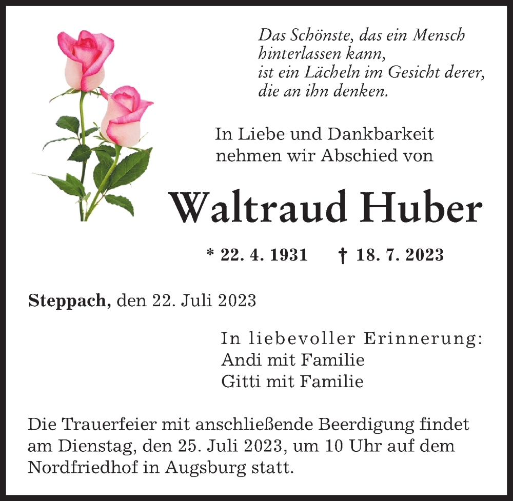 Traueranzeigen Von Waltraud Huber Augsburger Allgemeine Zeitung