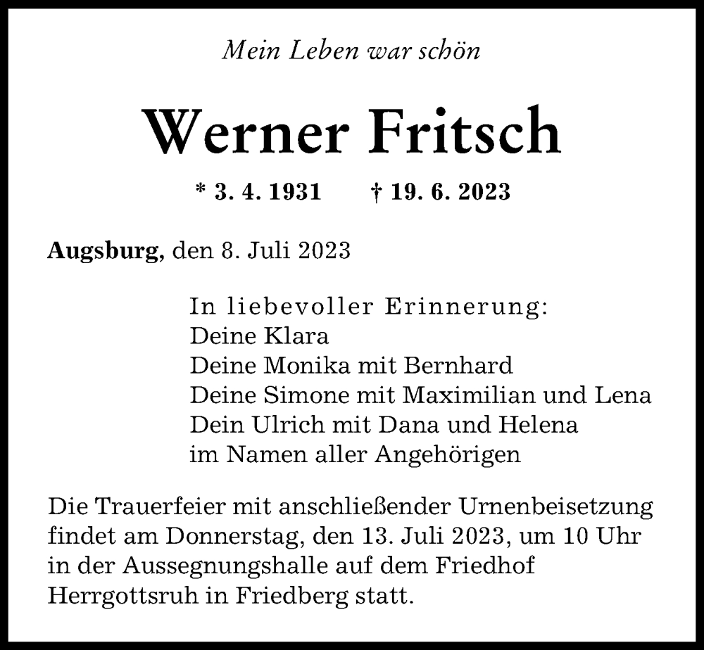 Traueranzeige von Werner Fritsch von Augsburger Allgemeine