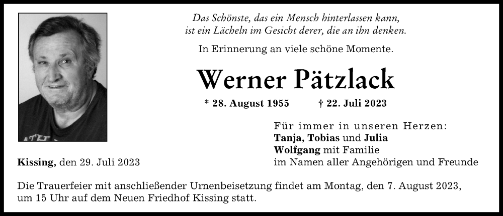 Traueranzeige von Werner Pätzlack von Friedberger Allgemeine