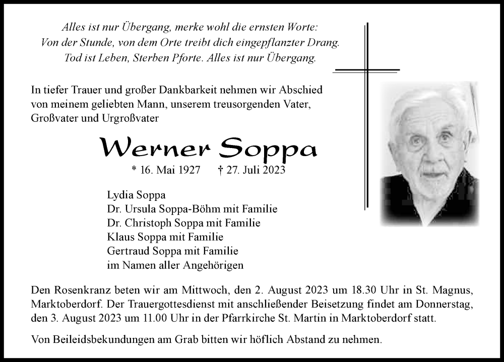  Traueranzeige für Werner Soppa vom 29.07.2023 aus Augsburg-Land