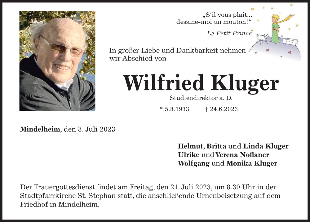 Traueranzeige von Wilfried Kluger von Augsburger Allgemeine