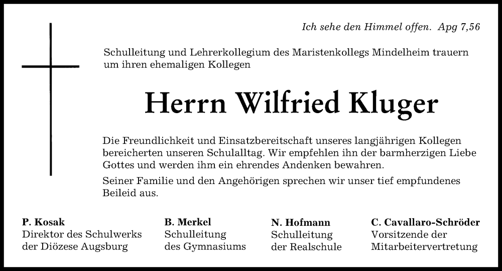 Traueranzeige von Wilfried Kluger von Mindelheimer Zeitung