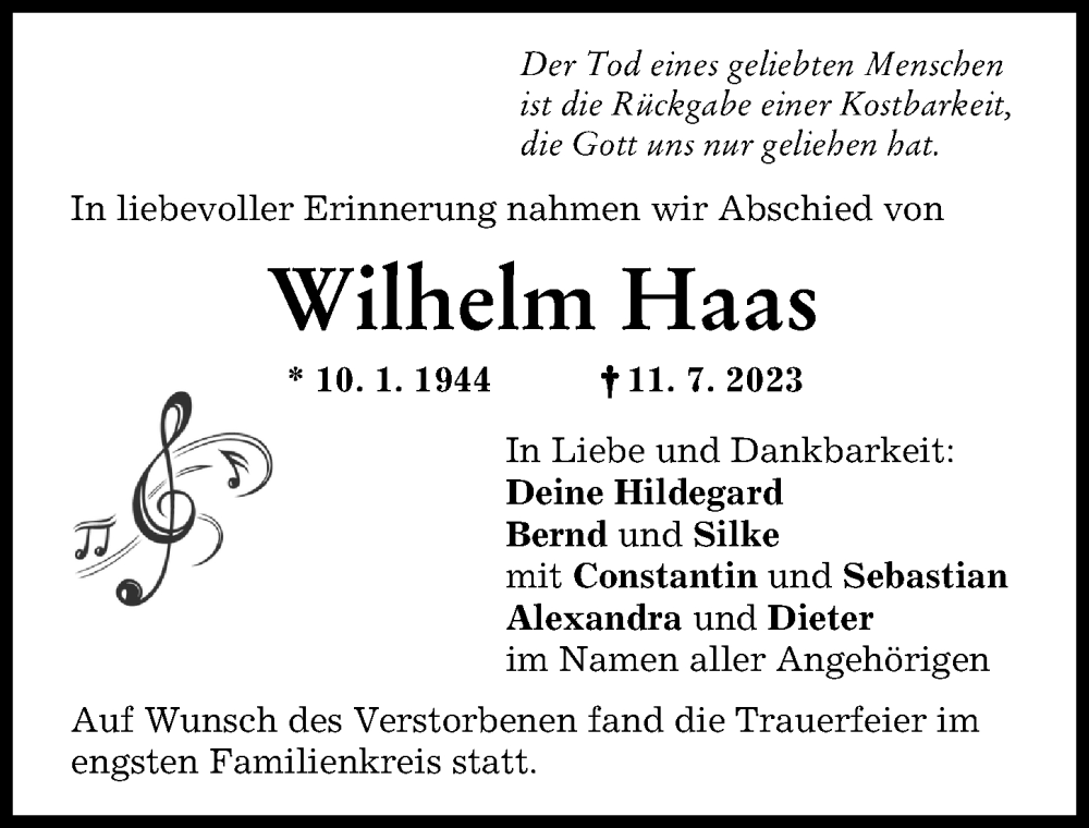 Traueranzeige von Wilhelm Haas von Mittelschwäbische Nachrichten