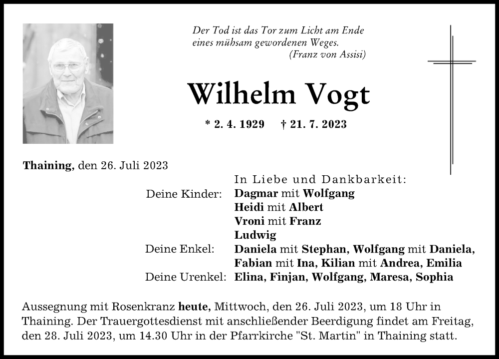 Traueranzeige von Wilhelm Vogt von Landsberger Tagblatt