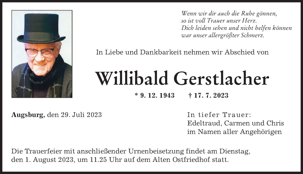 Traueranzeige von Willibald Gerstlacher von Augsburger Allgemeine