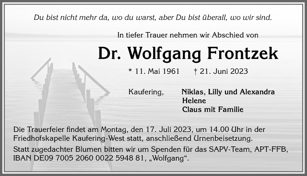 Traueranzeige von Wolfgang Frontzek von Landsberger Tagblatt