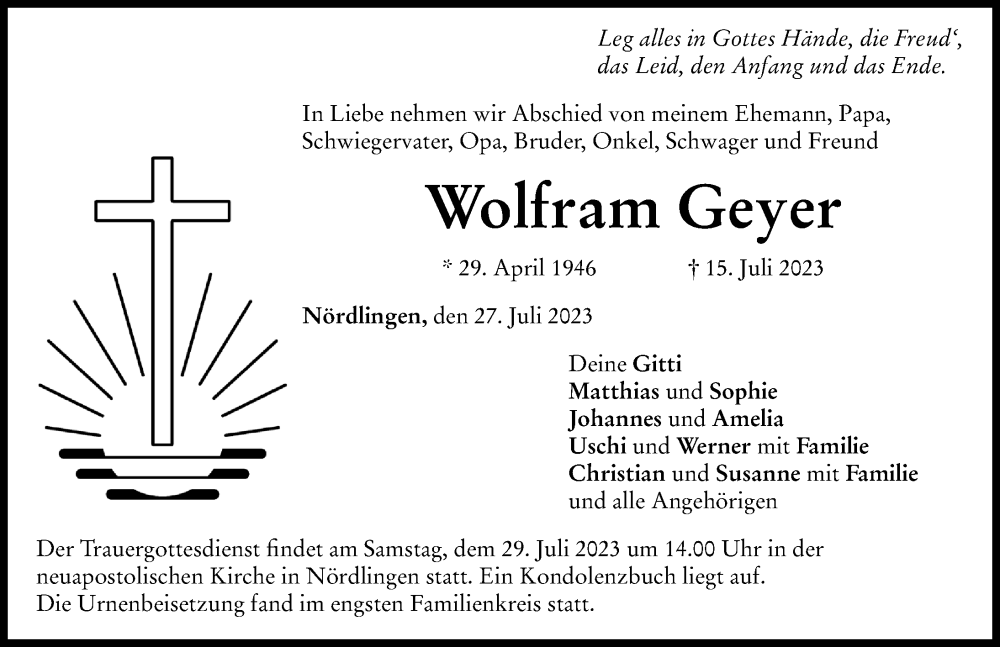 Traueranzeige von Wolfram Geyer von Rieser Nachrichten