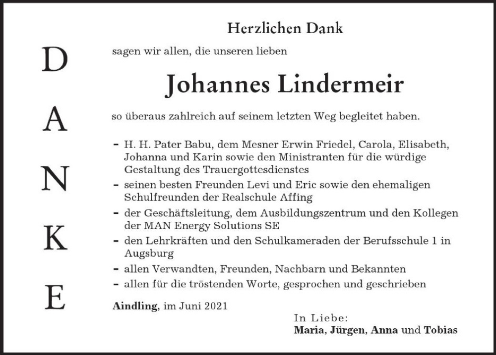  Traueranzeige für Johannes Lindermeir vom 12.06.2021 aus Aichacher Nachrichten, Augsburger Allgemeine