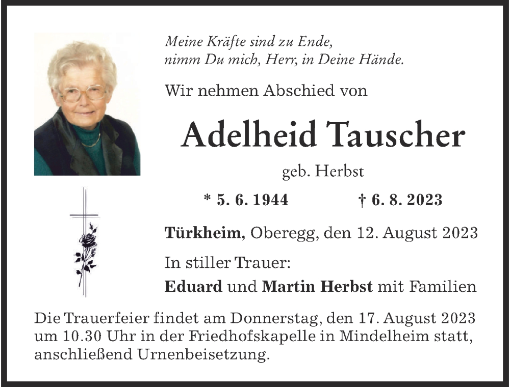 Traueranzeige von Adelheid Tauscher von Mindelheimer Zeitung