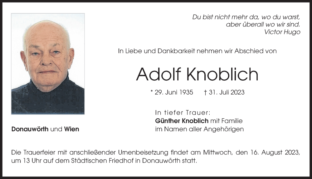 Traueranzeige von Adolf Knoblich von Donauwörther Zeitung